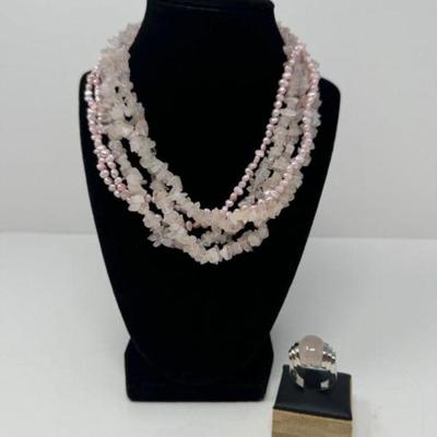 Multi-Strand Rose Quartz & Freshwater Pearl Necklace + Ring	