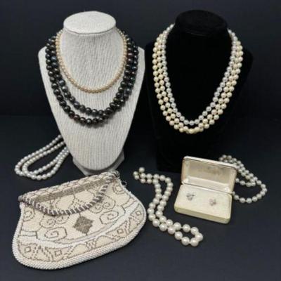Vintage Beaded Czech Clutch Bag, Gold Fill Earrings + Vintage Pearl Necklaces	