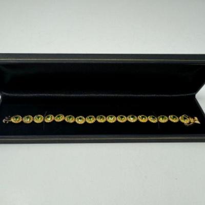 ﻿Sterling Silver Bracelet w/ Gold-Plated Accents & Natural Peridot Stones (23.11grams)	