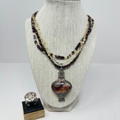 Natural Stone, Sterling Silver, & Glass Beaded Necklace + Sterling Pebble Ring	