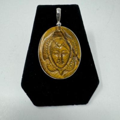 2.75" Oval Tiger's Eye Pendant w/ Sterling Silver Frame by Sajen	