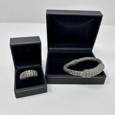 Sterling Silver & 18k Basketweave Bracelet & Ring Set (72.70g)	