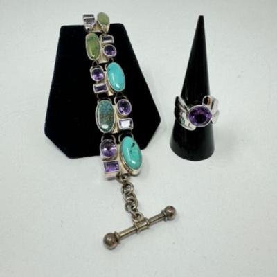 Charles Albert Sterling Turquoise & Amethyst Bracelet + Matching Amethyst Ring	