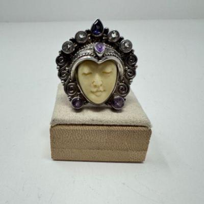 Sajen Silver Goddess Face Ring w/ Amethyst & Potentially Bone Accents	