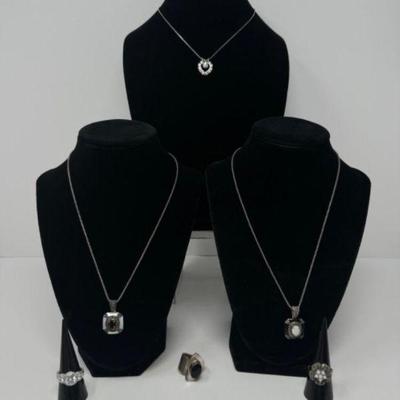 Sterling Silver, Opal & Garnet Necklaces + Mixed Rings - 48.10grams	