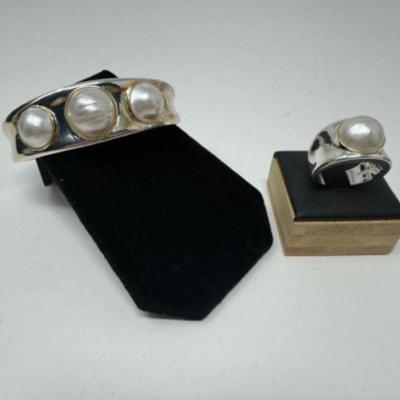 Sterling Silver Cuff & Ring w/ Possible Pearl or Mother-of-Pearl Set	