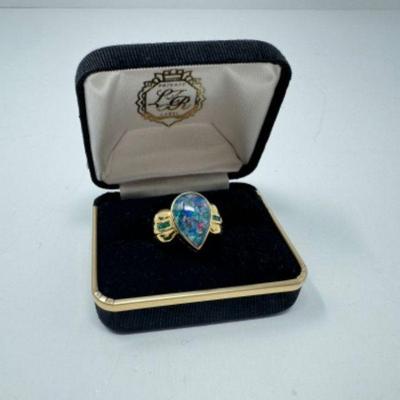 14kt Gold Teardrop Opal Ring w/ Genuine Emerald & Mosaic Opal Accents	