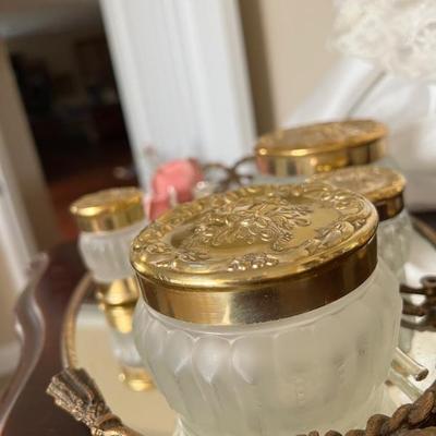 dresser set on mirror gold frame tray