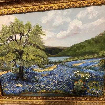 original oil on canvas Bluebonnets..antique gold frame