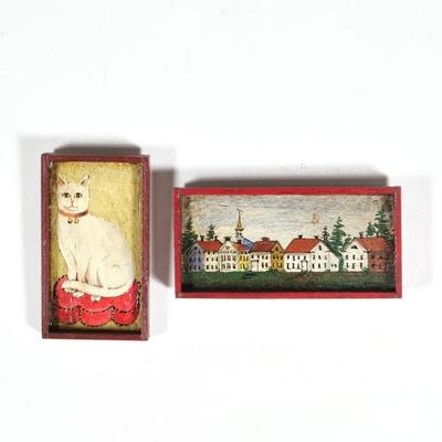 (2pc) GEORGE SCHLOSSER MINIATURE PAINTINGS | Two miniature folk art paintings, including a village townscape (overall 2-1/2 x 1-1/8 in.)...