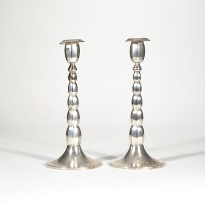 (2pc) PAIR CONTINENTAL SILVER CANDLESTICKS | 800 silver candlestick holders with detachable octagonal bobeches, each marked...