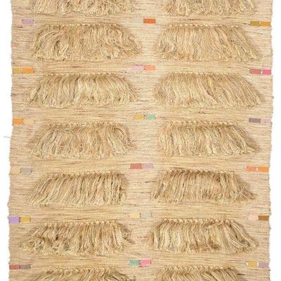 CAROL SCHWARTZOTT (B. 1945) | Untitled woven cotton and linen thread. Wall hanging with tassels and multi-colored fibers with a wooden...