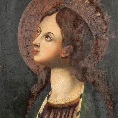 17TH C. CONTINENTAL SCHOOL PORTRAIT OF MARY | Mary wearing a Crown. Oil on panel h. 16 x w. 12.75 - w. 16.5 x h. 19.5 in. (frame)

