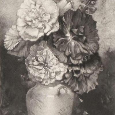 JAMES D. SMILLIE (AMERICAN, 1833-1909) | Double Hollyhocks, 1889. Etching/mezzotint and drypoint Plate 8.75 x 6 in. Pencil signed lower...