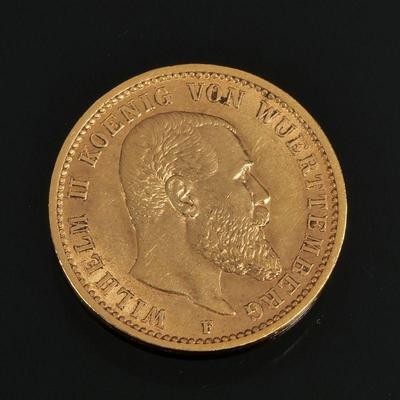 1905 WILHELM KOENIG VON WUERTTEMBERG 20 MARK GOLD COIN | 7.9g - dia. 7/8 in.

