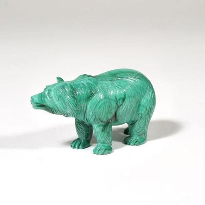 CARVED MALACHITE BEAR | A carved malachite bear with fur details, depicted standing on all fours, with no apparent label or signature -...