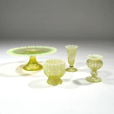 (4pc) VASELINE GLASS WITH RIPPLED EDGES | Including a cake platter an open bowl with a ruffled brim a pressed bulbous vase, vase with...