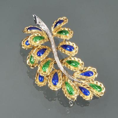 LOUIS J. MEYER ENAMELED DIAMOND & 18K GOLD BROOCH | Designed as 18k yellow gold teardrop-form leaves with convex guilloche enamel,...
