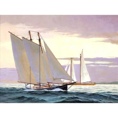 BEN NEILL (1914-2001) | Passing Fisherman Oil on masonite. 12 x 16 in. Showing two schooners before a colorful sky. Signed lower right,...