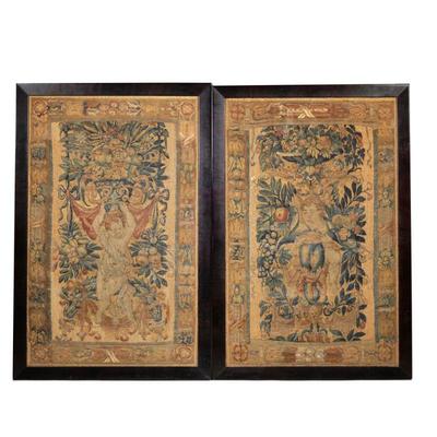 17th/18th C. VERDURE NEEDLEPOINT TAPESTRY PANELS | Showing cupids surrounded by flowers framed under glass. h. 31.75 x 20 in. (panels...
