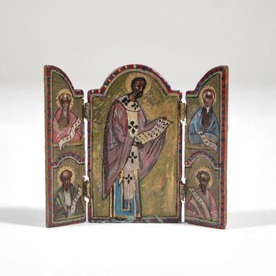 NATASHA MINIATURE ICON | Dollhouse miniature Russian icon tabletop display with three hand painted panels, signed Natasha and dated 1985...