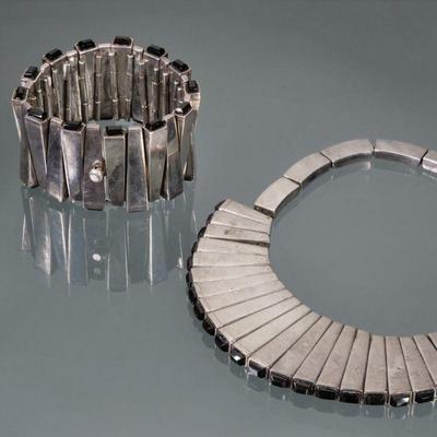 (2pc) ANTONIO PINEDA MATCHSTICK NECKLACE & BRACELET | Antonio Pineda "matchstick" obsidian and silver necklace and matching...