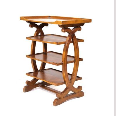 PIERRE DEUX TIERED SIDE TABLE | Having a top with three-quarter gallery over three medial shelves with carved wood sides.

