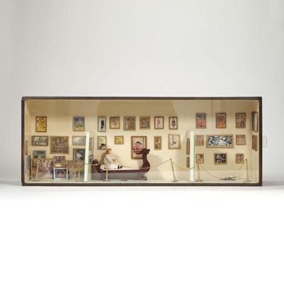 DOLLHOUSE MUSEUM DIORAMA | With framed miniature reproductions of famous artworks across genres - l. 28.75 x w. 6.75 x h. 10.75 in....