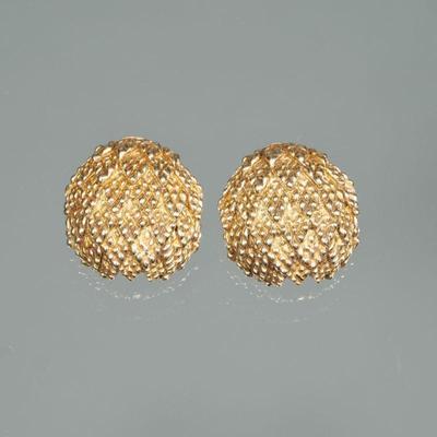 PAIR 14K GOLD EARRINGS | Designed as molded and engraved pattern 14 karat gold ear clip earrings; 0.75 in., 15.6g; each marked 14 K and...