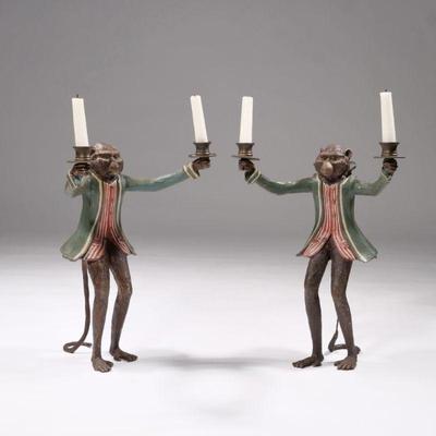(2pc) BILL HEUBBE MONKEY FORM CANDELABRA | Two arm candelabra - l. 12.75 x w. 12 x h. 17 in.

