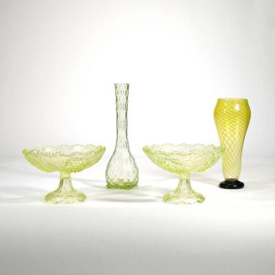 (4pc) VASELINE GLASS COMPOTES & VASES | Including a pair of Vaseline glass compost with grape and leaf motif plus a pinched bottle...