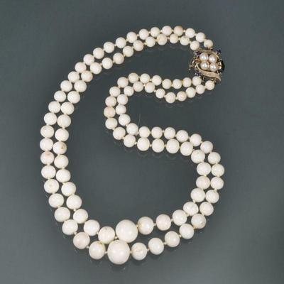 WHITE CORAL & 14K GOLD GRADUATED DOUBLE STRAND NECKLACE | Designed as two hand, strong lines of graduated white coral beads (ranging...