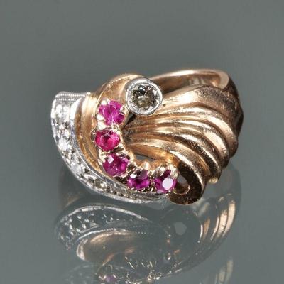 DIAMOND, RUBY, & 14K GOLD RING | Five rubies and five diamonds set in 14k yellow gold, with fineness mark inside the band; size 3.5,...