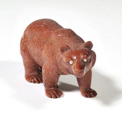 WEDDERIEN GOLDSTONE BEAR | Wedderien Inc., New York, finely carved goldstone bear with applied pearl eyes, depicted standing on all...