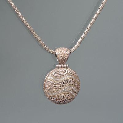 EFFY JEWELRY DIAMOND, GOLD, & STERLING PENDANT NECKLACE | Designed as a round sterling engraved pendant, mounting lines of Mallett...