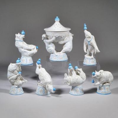 ANDREA SPADINI (ITALIAN, 1912-1983) CIRCUS BEARS | Depicting sculpted white bears balancing blue glazed balls in various positions, plus...