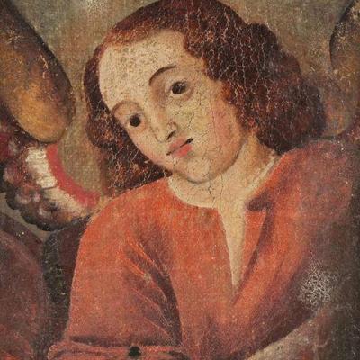 SPANISH/ COLONIAL SCHOOL (16TH/17TH CENTURY) | 3/4 Portrait of a Winged Boy, Fragment oil on canvas mounted on board. Board 7 x 4.5 in....