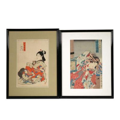(2pc) JAPANESE WOODBLOCK PRINTS | Including: Ogato Gekko (1859-1920) woman with cat, 13.5 x 8.5in. sight, and Toyohara Kunichika (1835...