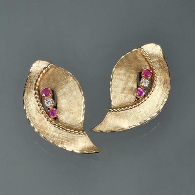 PAIR DIAMOND, RUBY & 14K EARRINGS | Postless / clip-on 14k yellow gold leaf or shell-form earrings with engraved texture, each...