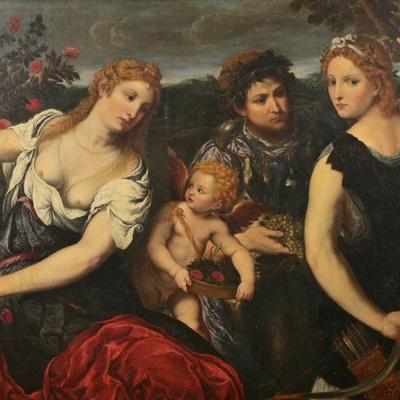 PARIS BORDONE (ITALIAN/FRENCH, 1500-1571) | L'Automne (Venus, Cupid, Bacchus and Diana). Oil on canvas. 42.5 x 63 in. (stretcher) -...