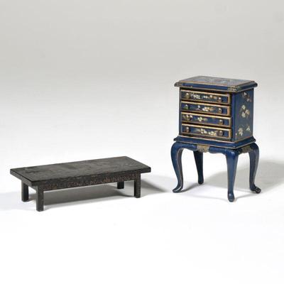 (2pc) NATASHA DOLLHOUSE MINIATURES | Painted chinoiserie miniature furniture including a silver chest on stand and a low / coffee table...