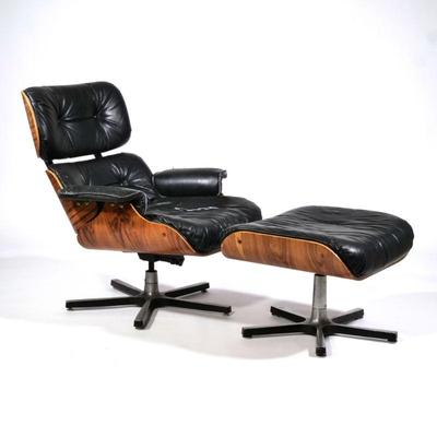 AFTER EAMES LOUNGE CHAIR | The chair and ottoman with five-legged bases, with "Northfield metal products" label on base;...