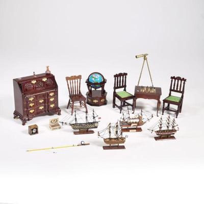 (14pc) DOLLHOUSE DEN FURNITURE | Miniature dollhouse furniture for a den, including: a drop front desk, with slide out supports and...