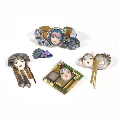 (4pc) VINTAGE WENDY GELL JEWELRY | Including pins with faces, etc.

