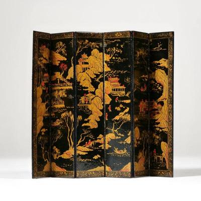 LINDA WEXLER JAPONAISE DOLLHOUSE SCREEN | Japanese style dollhouse miniature floor screen with overall black lacquer and gilt...
