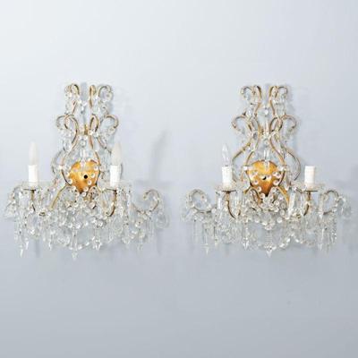 PAIR CUT CRYSTAL & BRONZE SCONCES | Antique two-lite electrified sconces decorated with glass beads, cut crystal drops and briolettes...