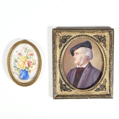 (2pc) ANTIQUE MINIATURE PAINTINGS | Including a miniature portrait painting on bone(?) of Richard Wagner, signed on the right side and...