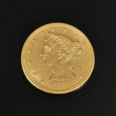 1881-S FIVE DOLLAR GOLD COIN | In an old coin case indicating "MS63+"; 8.4g

