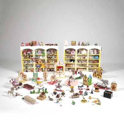 DOLLHOUSE MINIATURE PLAYROOM | Dollhouse miniature playroom furniture and extensive collection of miniature toys, including: two triple...