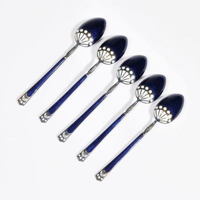 (5pc) HANS JORGEN HANSEN DANISH ENAMEL SILVER SPOONS | Each with blue and white enamel over sterling silver; 3.75 in (each); total weight...